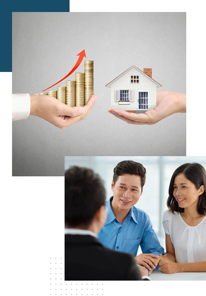 A couple of people holding coins and a house